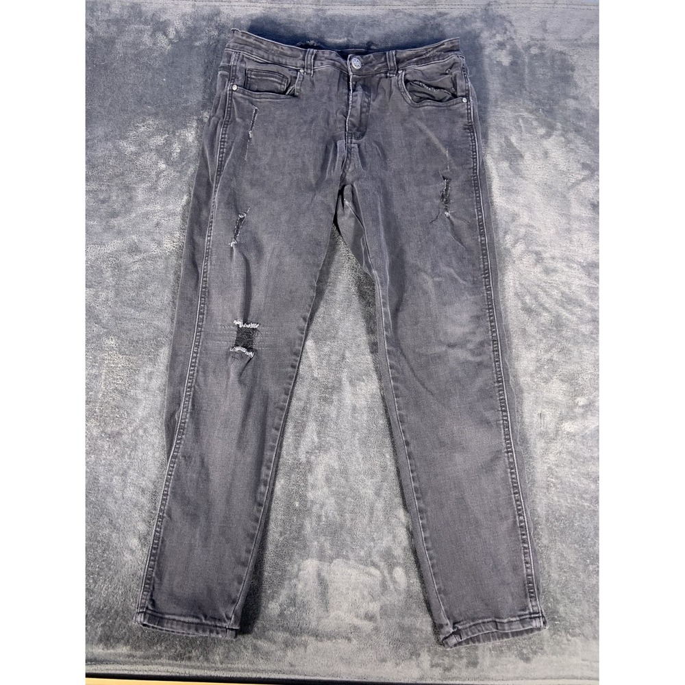 YoungLA Distressed Slim Fit Jeans Men 34x30 Faded Black Denim Ripped Cotton